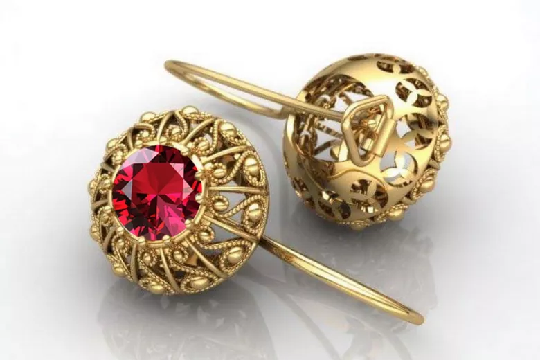 Рубин 14K жълто злато Обеци Винтидж стил vec002y